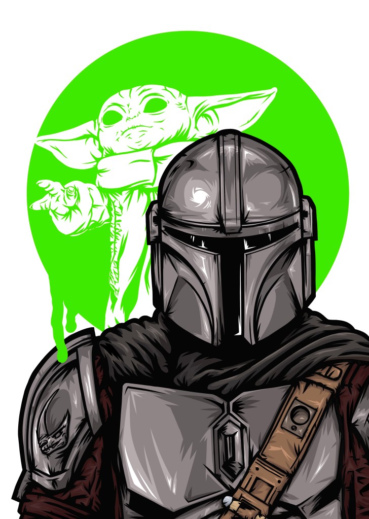 Mandalorian character with futuristic helmet and armour